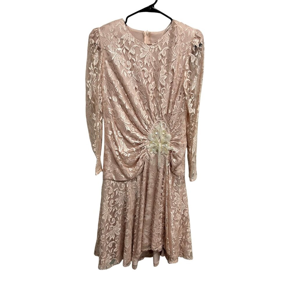Vintage 80s Filigree Pink Satin Lace Dress With Applique Detail Size 10